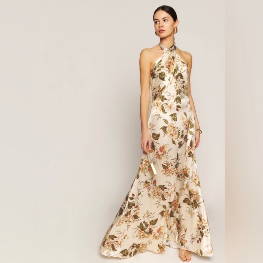 Reformation Veria Silk Halter Twist Sleeveless Long Maxi Dress Gown Floral Bella